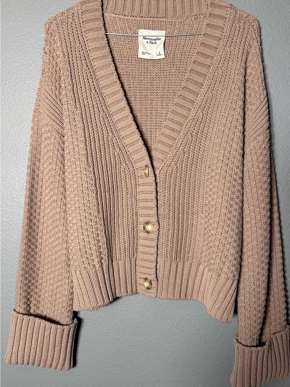 Abercrombie & Fitch Taupe Pink Chunky Knit Button Cardigan